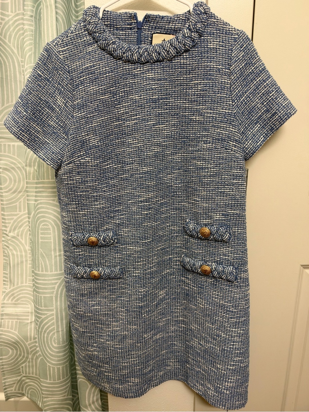 Tuckernuck Heathered Blue Tweed Jackie Dress with Gold Buttons